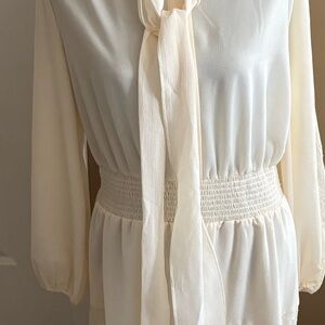 eva mendes for New York & Company Cream Long-Sleeve Tie-Neck Dress